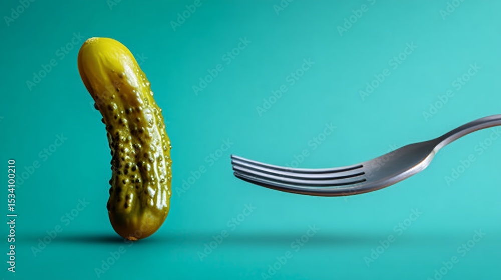 Poster pickle sits on a table next to a fork. the pickle is green and has a lot of seeds on it. the fork is