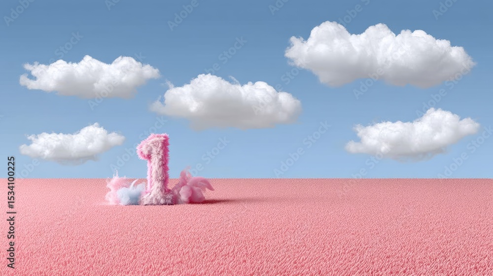 Poster pink field with a cloud in the background and a pink number 1. the number is made of pink feathers