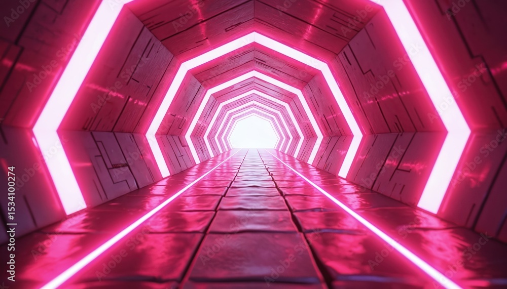 Poster futuristic tunnel with bright neon pink lights. modern cyberspace corridor background with pathway. 