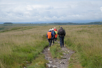Groupe de randonneurs seniors dans les monts d'Arrée en Bretagne - France