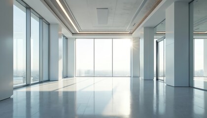 Fototapeta premium Empty modern showroom with metallic accents large windows. Futuristic aesthetics in white, gray colors. Minimalist design, sleek lines, urban style. Empty hall for presentations, offices, exhibition.