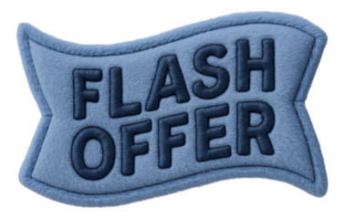Blue wavy sticker with FLASH OFFER in plush style, enticing retail promo sale on transparent background.