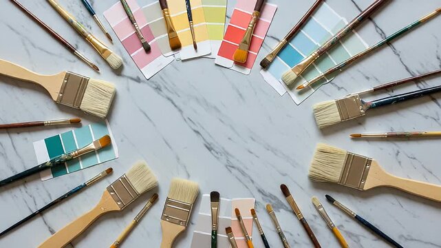 Arrangement of Paintbrushes and Color Swatches on a White Marble Surface