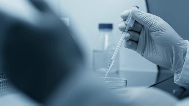 Scientist performing experiment with pipette and petri dish in lab. Biotechnology, research, and science concept footage. - Powered by Adobe