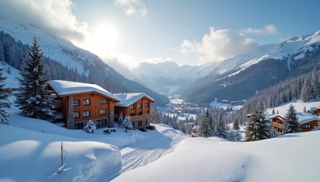 Scenic winter mountain resort in French Alps. Snowy slopes, cozy wooden chalets, snow covered trees. Landscape view, snowdrifts, sunny weather, blue sky. Ski vacation, tourism, winter sports, travel, - Powered by Adobe