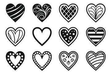 Collection of twelve black and white heart shapes with various decorative patterns