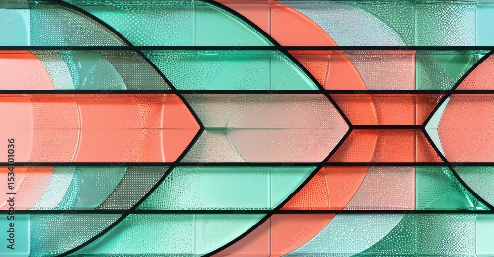 Poster Rectangular stained glass panel. Teal, coral hues create geometric pattern. Black lines define shapes, texture visible. Modern design.