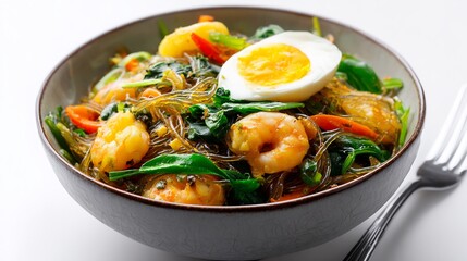Vietnamese stir fried glass noodles mien xao shrimp vegetables and egg served in ceramic bowl top down dinner view white background