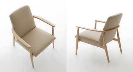 Fototapeta premium Armchair Two Views Simple Light Wood Frame with Beige Cushions
