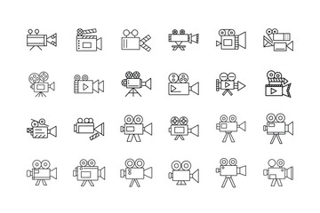 Collection of Retro Camera Icons in Black Outline Representing Filmmaking Video Production and Cinematic Arts Arranged in a Grid Pattern on a White Background This
