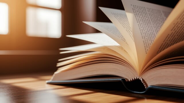 Open book with pages turning on table near window in warm light. Education concept.