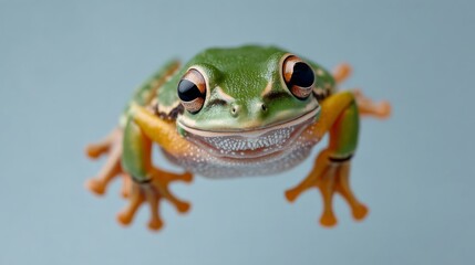 Fototapeta premium Frog is looking up at the camera with its mouth open. The frog is green and orange