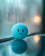 Sad Blue Cartoon Ball by Rainy Foggy Window for Loneliness and Emotion Concepts