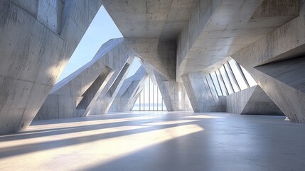 Sunlit, angular concrete interior space with large windows offering ocean view.  Vast, empty floor. Geometric, modern design