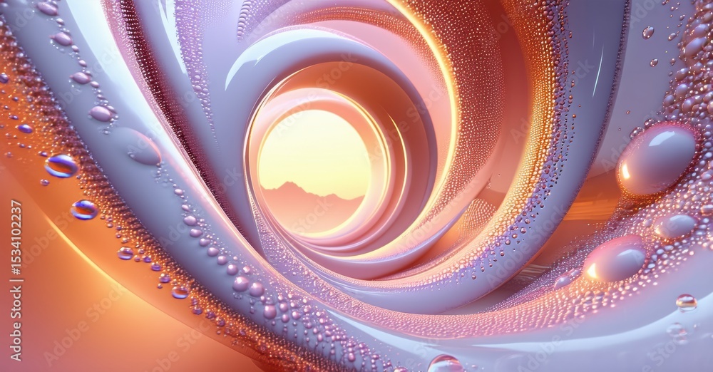 Poster Abstract spiral design. Warm colors blend with cool tones. Water droplets add texture, creating luminous effect. Soft gradients dominate composition.