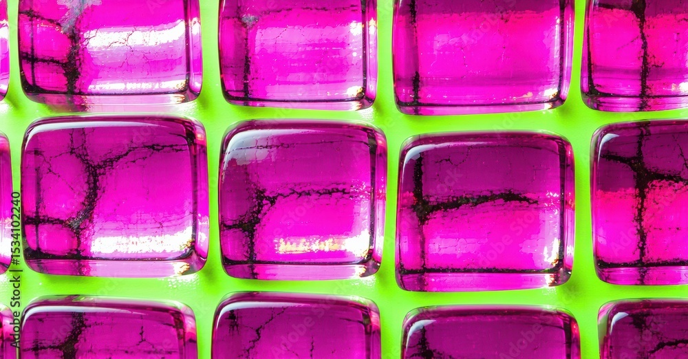 Poster Bright pink squares within green grid. Fractured patterns visible inside each block. Dramatic lighting creates strong contrast.