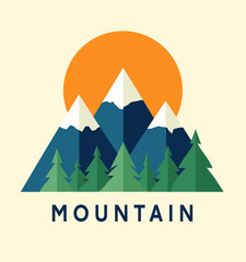 Naklejka premium Mountain Sunset with Pine Trees and Orange Sky