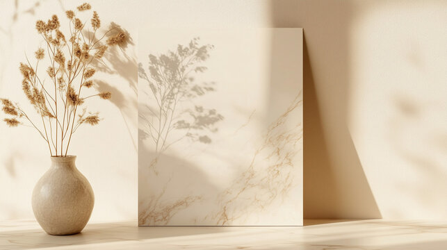 A blank paper sheet card with mockup copy space is styled with dry flowers and marble stone against a neutral beige wall, perfect for a minimal aesthetic business brand or blog.

