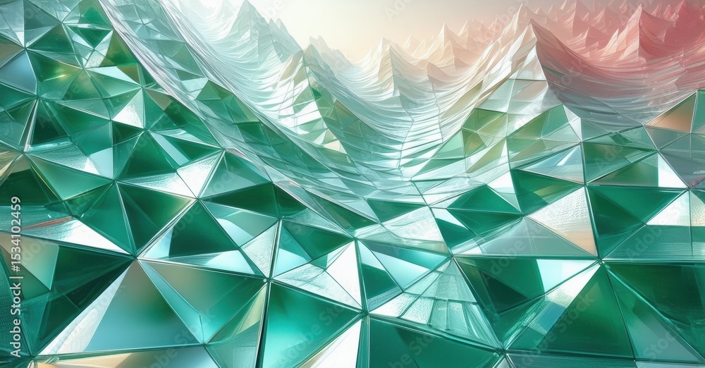 Poster abstract geometric shapes create tunnel illusion. colors shift from teal to white, then pink. reflec