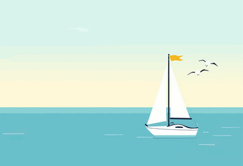 Fototapeta premium Sailboat on Calm Ocean at Sunset with Seagulls