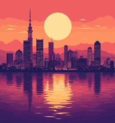 Obraz premium Sunset Cityscape Reflection Serene Waterfront