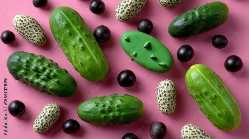 Poster bunch of green cucumbers and peanuts are arranged on a pink background. the cucumbers are in various