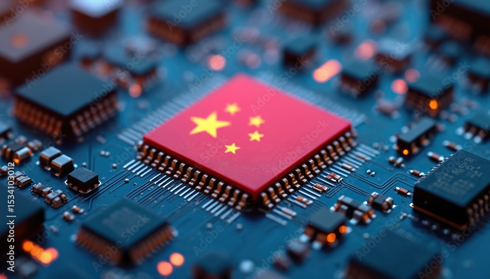 Poster Close-up circuit board featuring microchip with Chinese flag design. Tech innovation, digital processing, data transfer, engineering, manufacturing, global tech, data center, artificial intelligence,