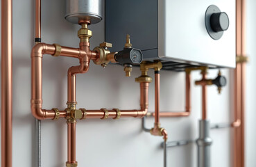 Close-up of home heating system installed on wall. Copper pipes, valves, pressure gauge, gas boiler details, central heating system, water heating. Modern tech for house.