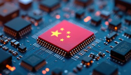 Close-up circuit board featuring microchip with Chinese flag design. Tech innovation, digital processing, data transfer, engineering, manufacturing, global tech, data center, artificial intelligence,