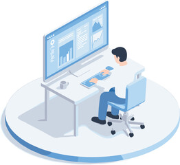 Man analyzing data on computer, business analytics dashboard, financial chart display, digital report visualization, professional office workspace, modern tech setup flat vector illustration