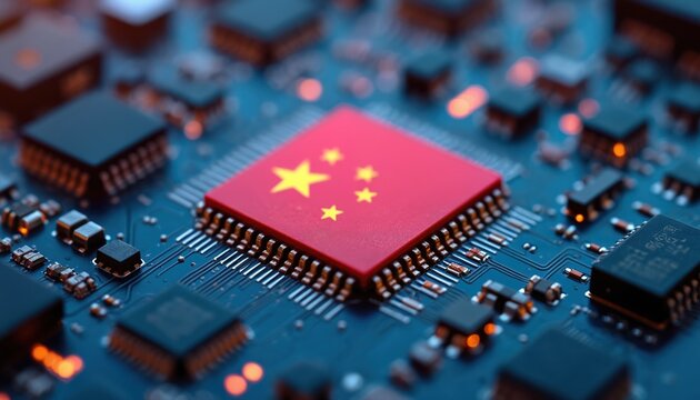 Close-up circuit board featuring microchip with Chinese flag design. Tech innovation, digital processing, data transfer, engineering, manufacturing, global tech, data center, artificial intelligence,