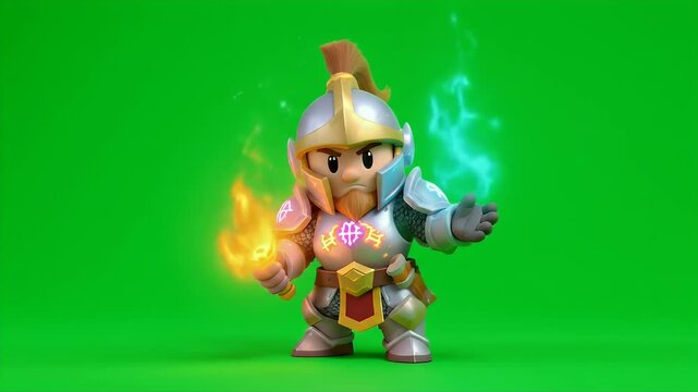 Dwarf Mage Character with Golden Helmet Casting Spell on Green Screen for Vfx Rpg and Fantasy Animation Front View and Eye Level