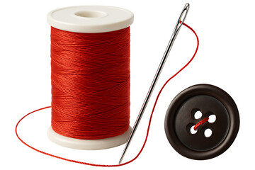 Red sewing thread spool with needle and button isolated on transparent background