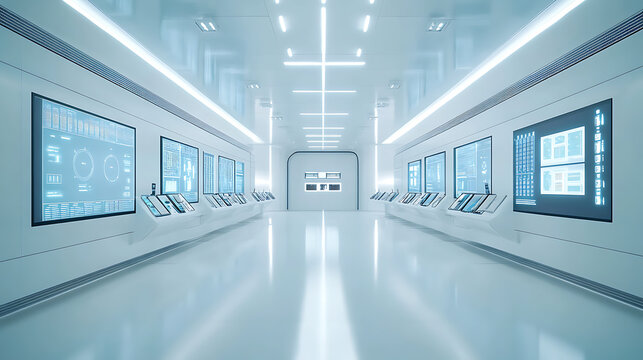 Futuristic Corridor with Digital Displays and Clean Design - Powered by Adobe