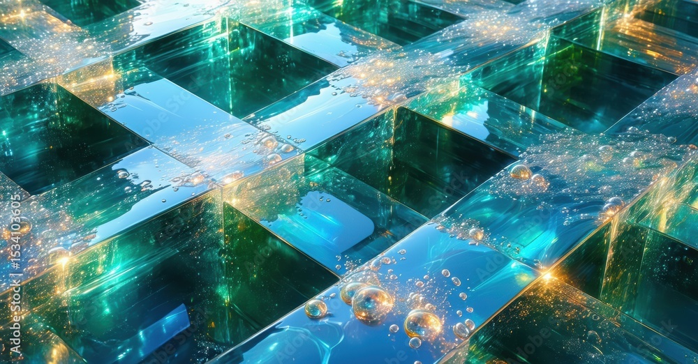 Poster abstract grid, vibrant blues, greens. light reflects, creates sparkling effect. bubbles float within