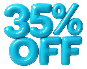 Shiny blue balloon letters with "35% OFF" promo offer in playful style on transparent background.