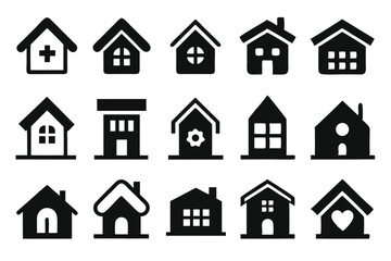 Collection of minimalist black and white house icons representing various home styles