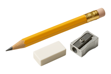 Yellow pencil with eraser, white rubber, and metal sharpener isolated on transparent background