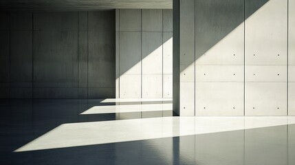 Obraz premium Sunlit minimalist concrete interior space; architectural shadows cast on polished floor