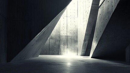 Light streams into a dark, angular concrete space, illuminating a minimalist interior.  The stark contrast creates a dramatic, almost otherworldly atmosphere