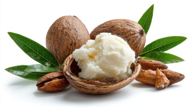 Ultra quality image of shea nut filled with shea butter. on white background.
