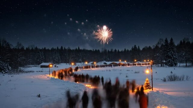 Winter Night Processional Through Snowy Forest Village