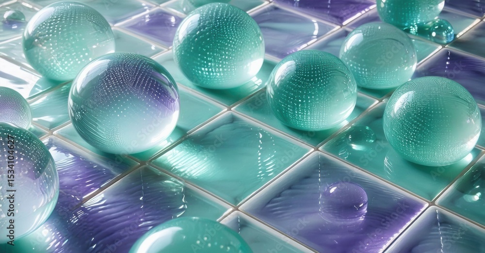 Poster glass spheres rest upon tiled surface. turquoise, violet hues create abstract, reflective pattern. l