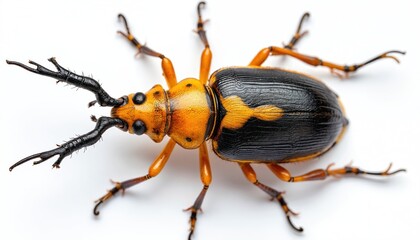 Isolated yellow stag beetle Odontolabis lacordairei on white background. Macro shot of detailed insect, black and yellow colors. Lucanidae species. Insect fauna, entomology, bug, wildlife.