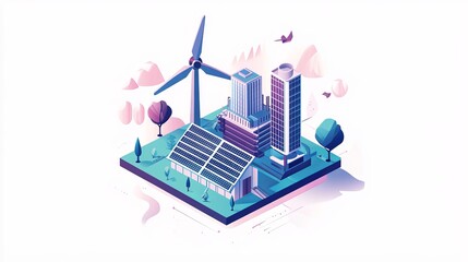 Obraz premium Isometric illustration depicting a sustainable city with wind turbines, solar panels, and modern buildings, showcasing clean energy and urban development