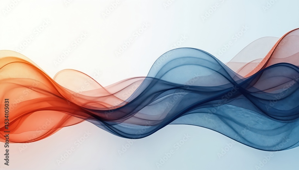 Poster Abstract background with multi-colored flowing waves. Soft blue, orange curves, dynamic lines on white background. Geometric design, digital art. Concept of movement, energy, modern illustration for
