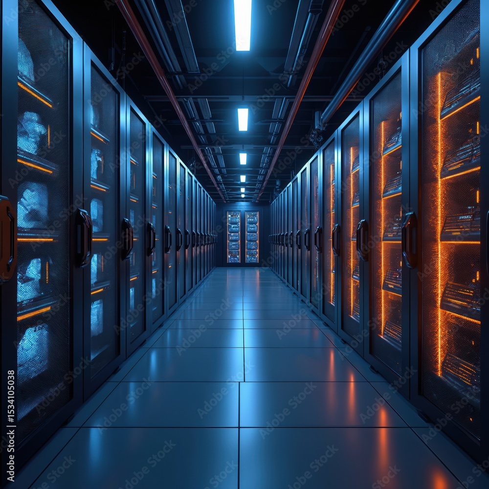 Poster Futuristic server room interior with network servers in data center. Racks with computers, datum, industrial design. High tech tech, digital storage. Business technology, data processing, cloud.