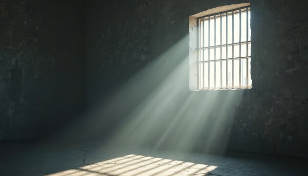 Sunlight breaks through prison bars, symbolizes hope, freedom. Bright light ray shines into dark gaol cell, conceptual metaphor of liberty, justice, redemption. Metaphor for overcoming obstacles.
