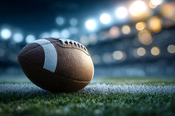 Close up of an american football on the field with stadium lights in the background