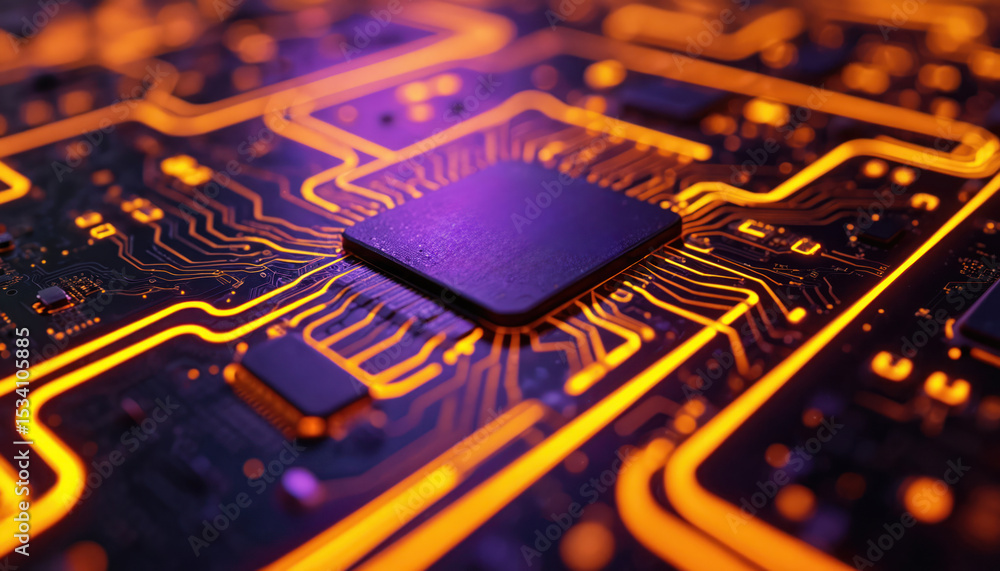 Poster futuristic motherboard design with illuminated glowing pathways. electric yellow, purple colors in d